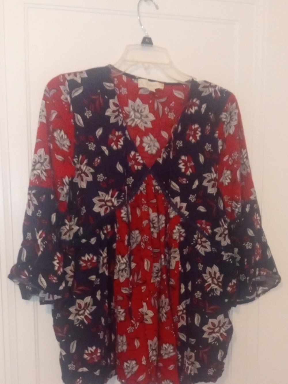 Women 3/4 sleeve red blue flower print